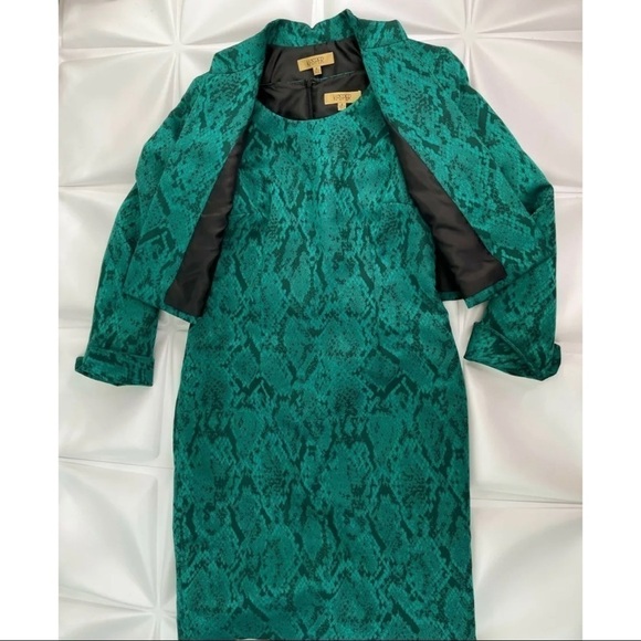 Kasper Sz 8 Green Snakeskin Sheath Dress Cropped Jacket Suit Set Formal Career - Picture 1 of 11